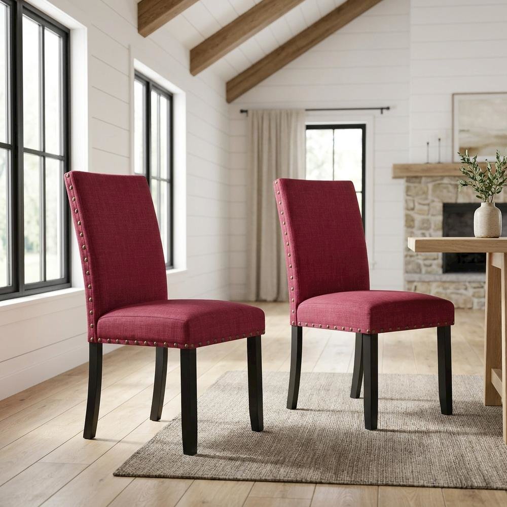 Fabric Upholstered Dining Chairs with Nailhead Trim, Red, Set of 2. Picture 3