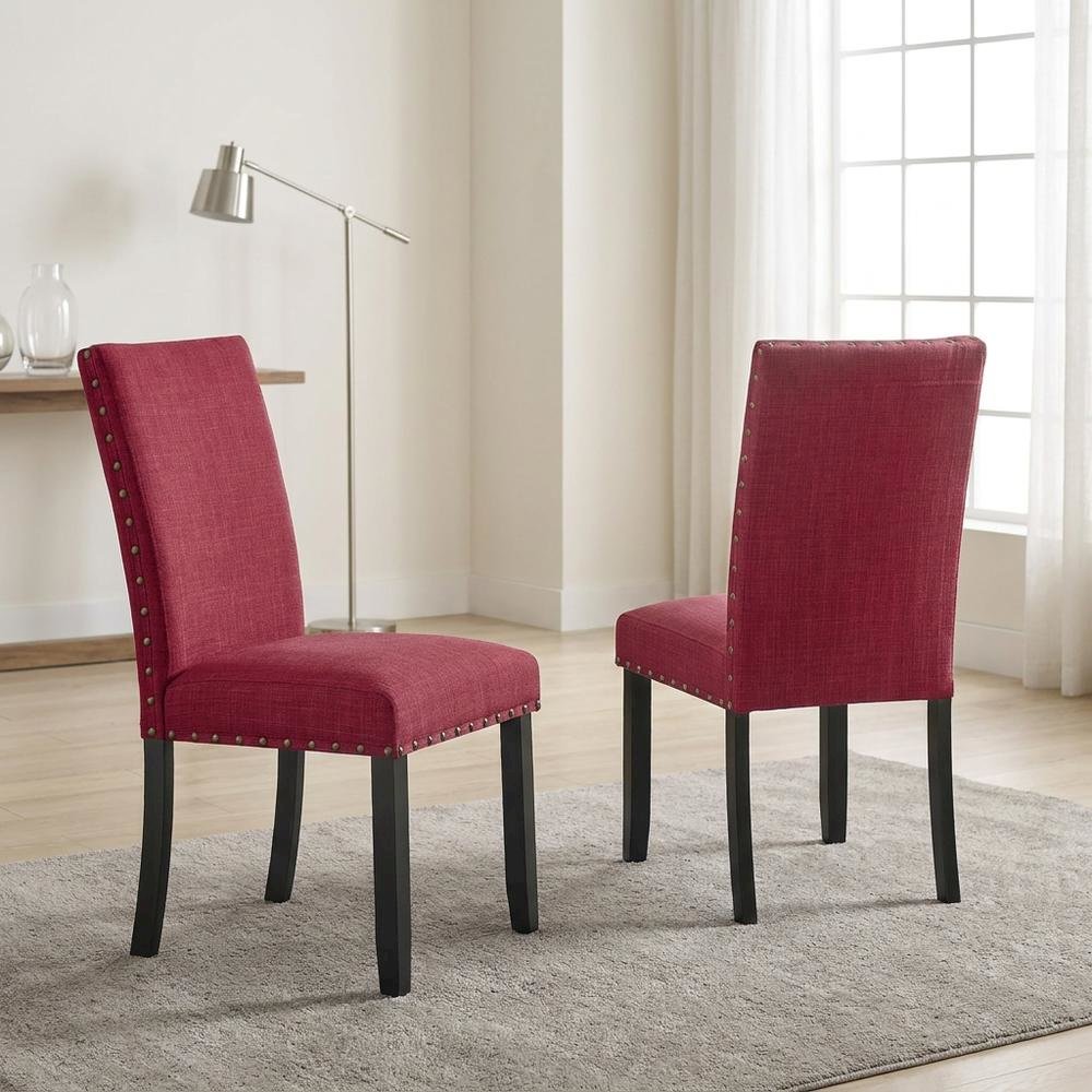 Fabric Upholstered Dining Chairs with Nailhead Trim, Red, Set of 2. Picture 4