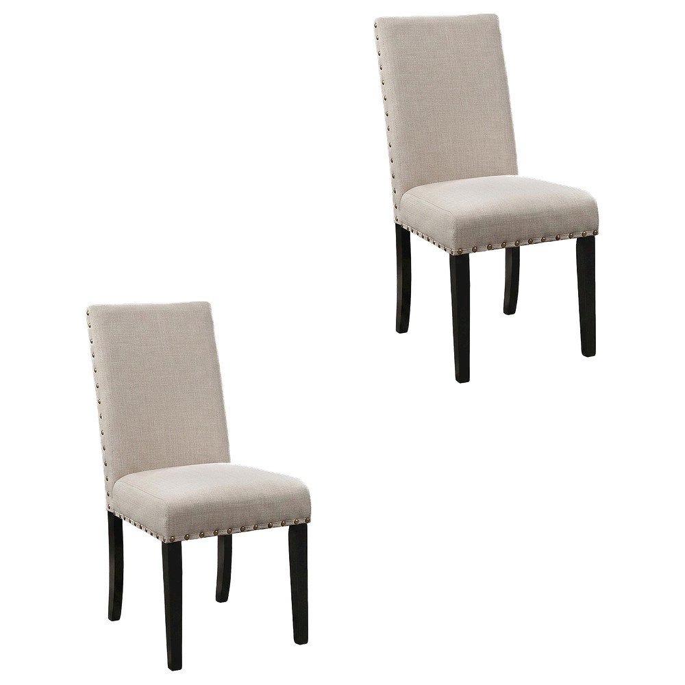 Fabric-Upholstered Dining Chairs with Nailhead Trim, Tan, Set of 2. Picture 1