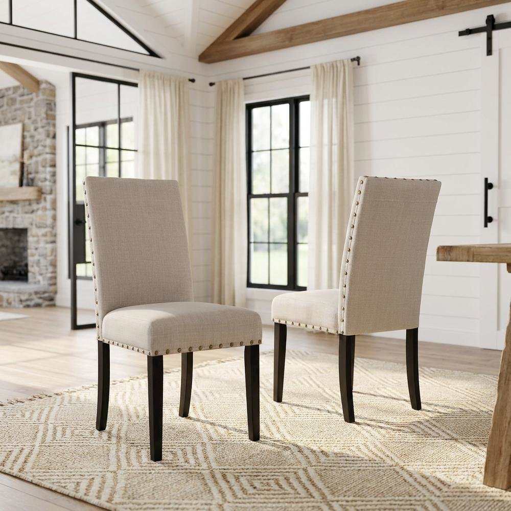 Fabric-Upholstered Dining Chairs with Nailhead Trim, Tan, Set of 2. Picture 3