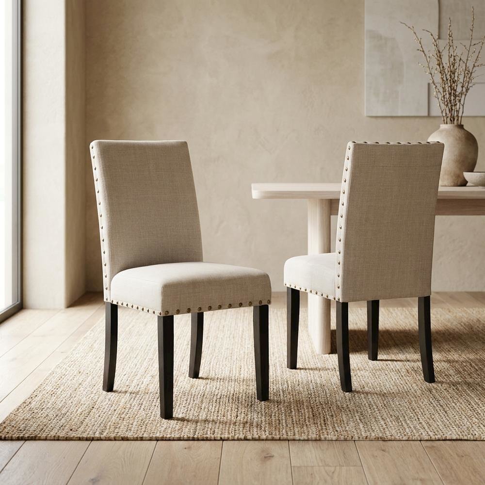 Fabric-Upholstered Dining Chairs with Nailhead Trim, Tan, Set of 2. Picture 4