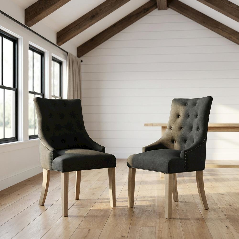 Solid Wood Wingback Accent Chair, Button-Tufted, Charcoal, Set of 2. Picture 3