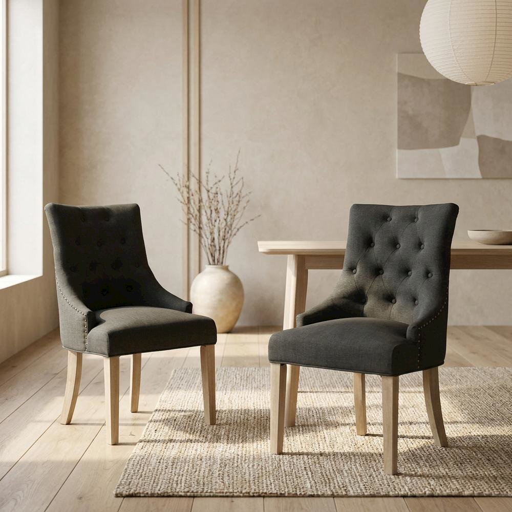 Solid Wood Wingback Accent Chair, Button-Tufted, Charcoal, Set of 2. Picture 4