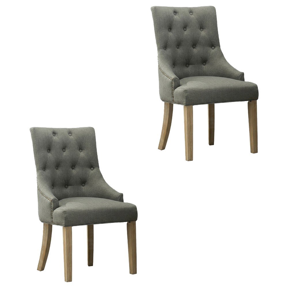 Solid Wood Wingback Accent Chair, Button-Tufted with Nail Heads, Grey, Set of 2. Picture 1