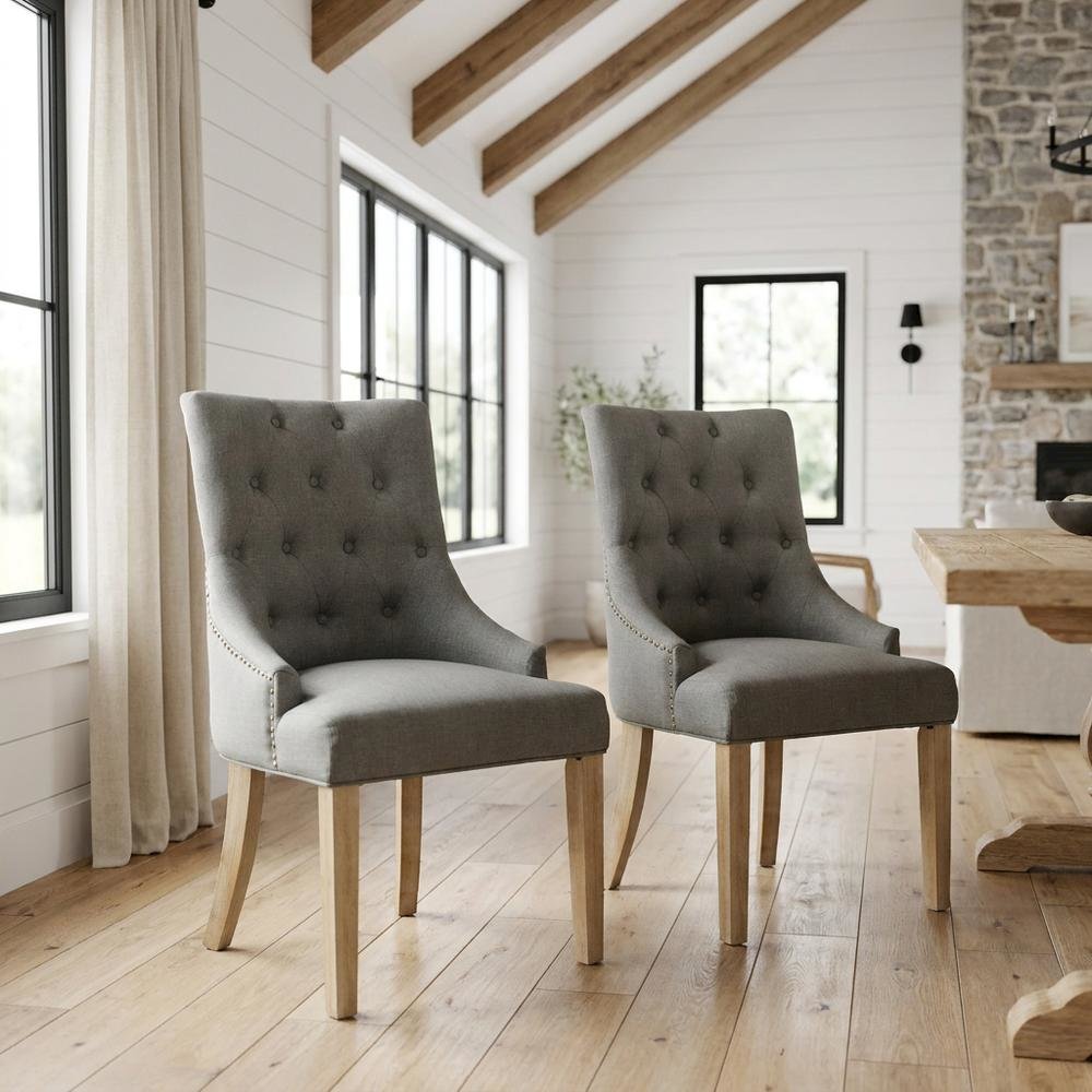 Solid Wood Wingback Accent Chair, Button-Tufted with Nail Heads, Grey, Set of 2. Picture 3