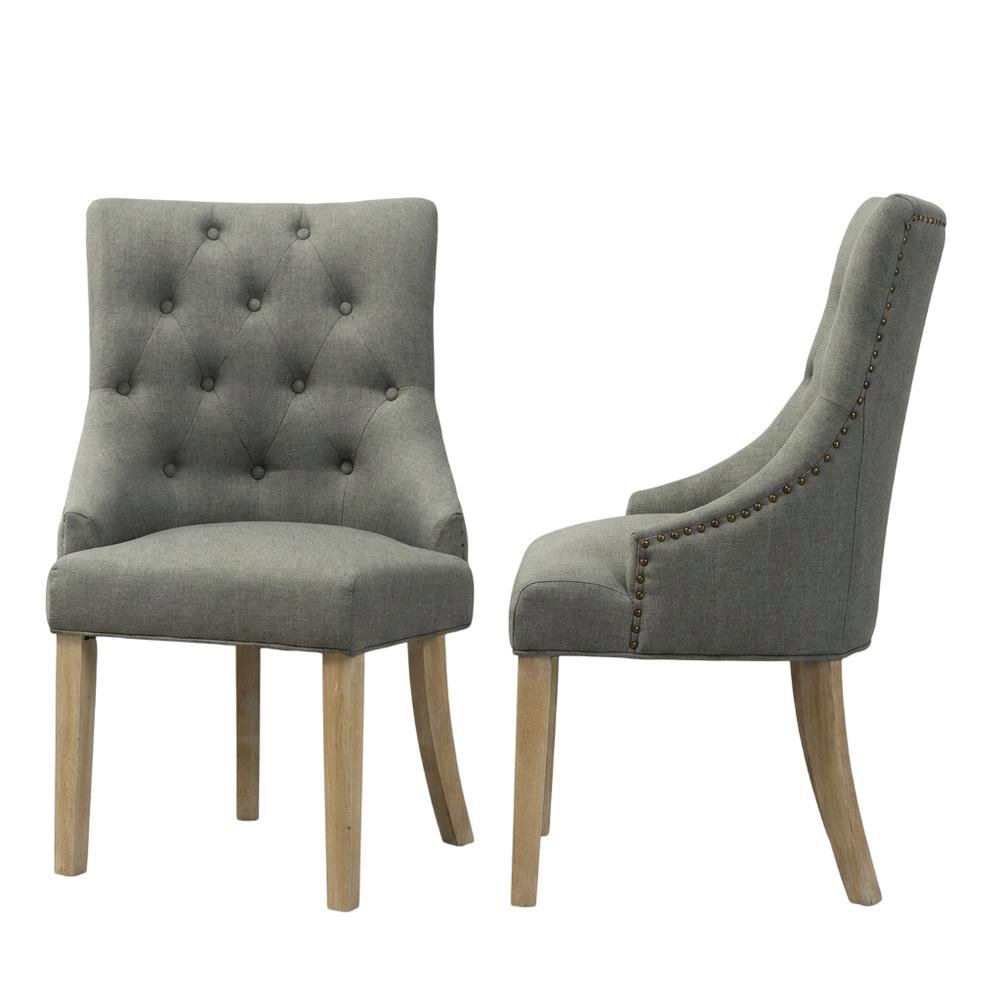 Solid Wood Wingback Accent Chair, Button-Tufted with Nail Heads, Grey, Set of 2. Picture 5