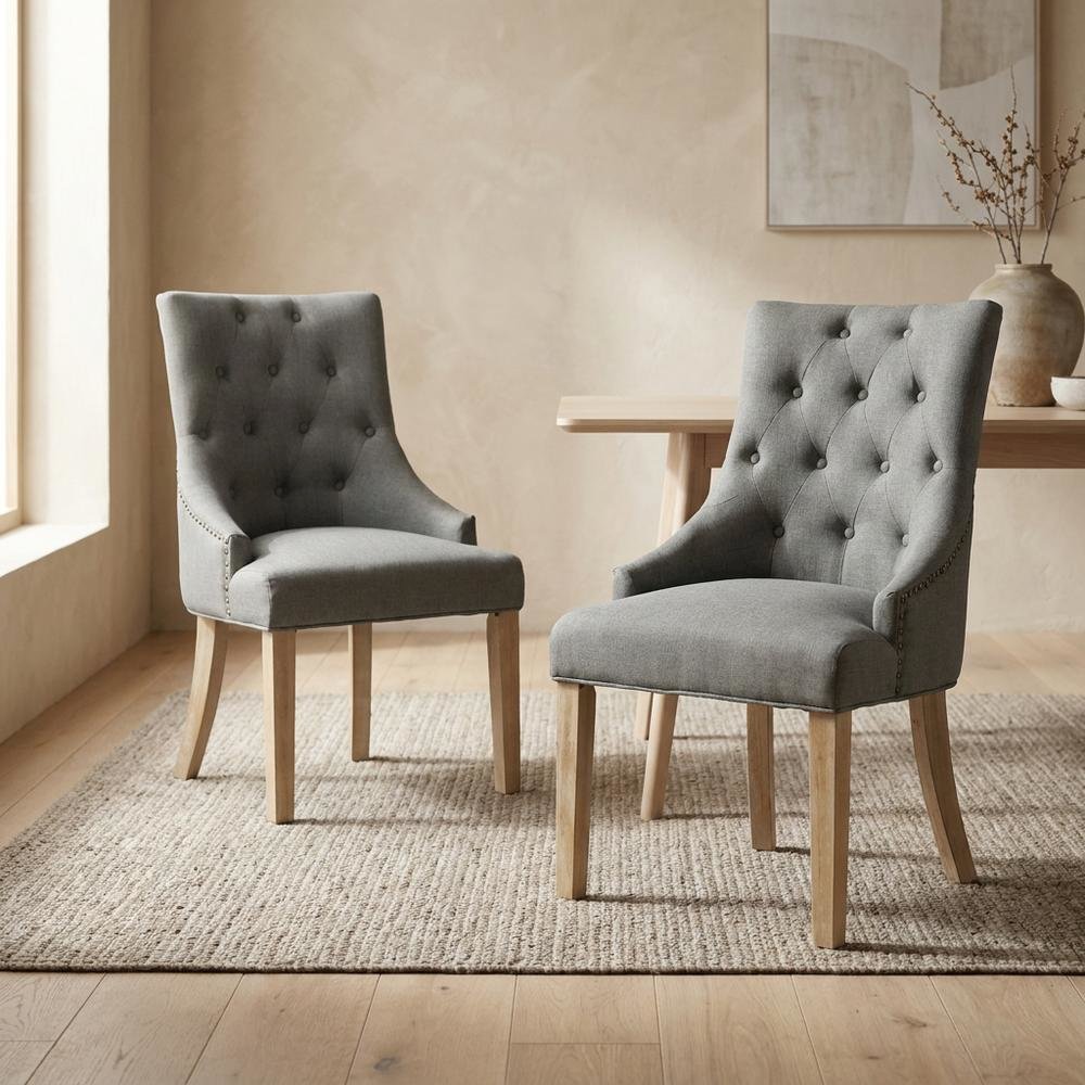 Solid Wood Wingback Accent Chair, Button-Tufted with Nail Heads, Grey, Set of 2. Picture 4