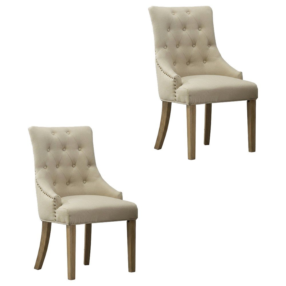 Solid Wood Wingback Accent Chair, Button-Tufted with Nail Heads, Tan, Set of 2. Picture 1