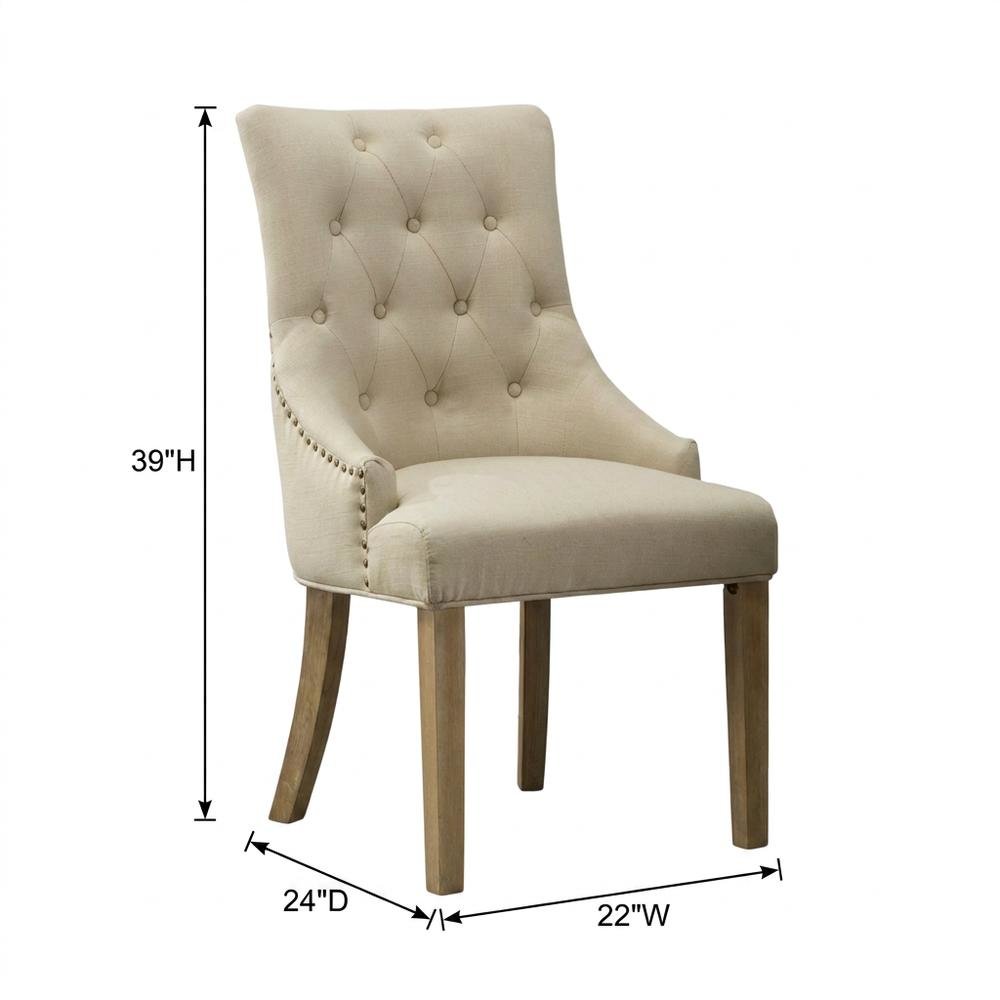 Solid Wood Wingback Accent Chair, Button-Tufted with Nail Heads, Tan, Set of 2. Picture 6