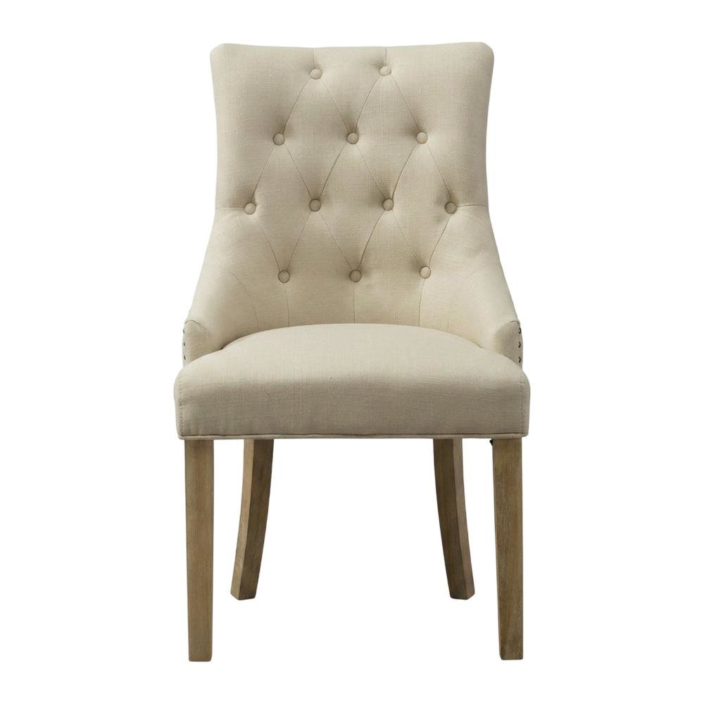 Solid Wood Wingback Accent Chair, Button-Tufted with Nail Heads, Tan, Set of 2. Picture 2