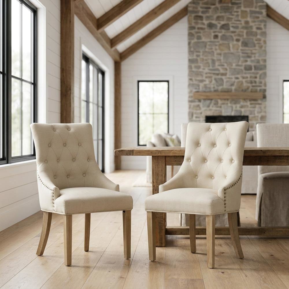 Solid Wood Wingback Accent Chair, Button-Tufted with Nail Heads, Tan, Set of 2. Picture 3
