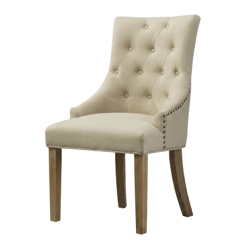 Solid Wood Wingback Accent Chair, Button-Tufted with Nail Heads, Tan, Set of 2. Picture 5