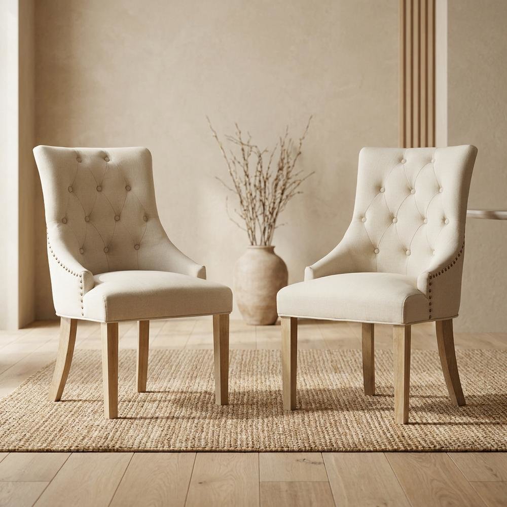 Solid Wood Wingback Accent Chair, Button-Tufted with Nail Heads, Tan, Set of 2. Picture 4