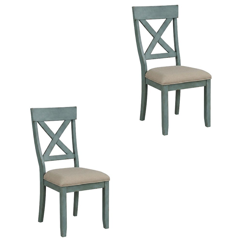 Wood Cross-Back Upholstered Dining Chairs, Blue, Set of 2. Picture 1