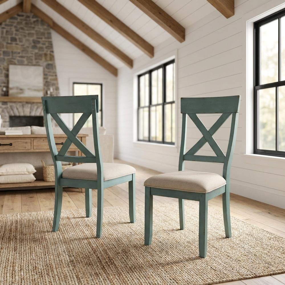 Wood Cross-Back Upholstered Dining Chairs, Blue, Set of 2. Picture 3
