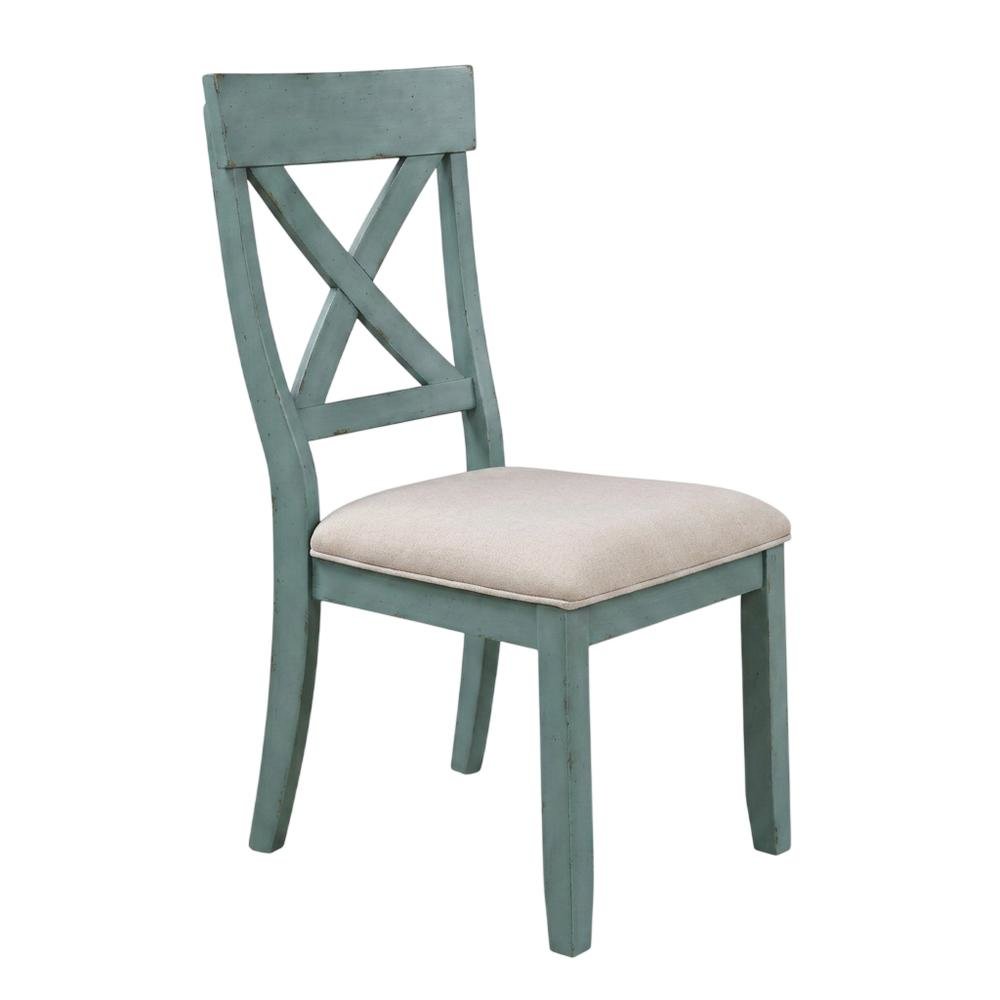 Wood Cross-Back Upholstered Dining Chairs, Blue, Set of 2. Picture 5