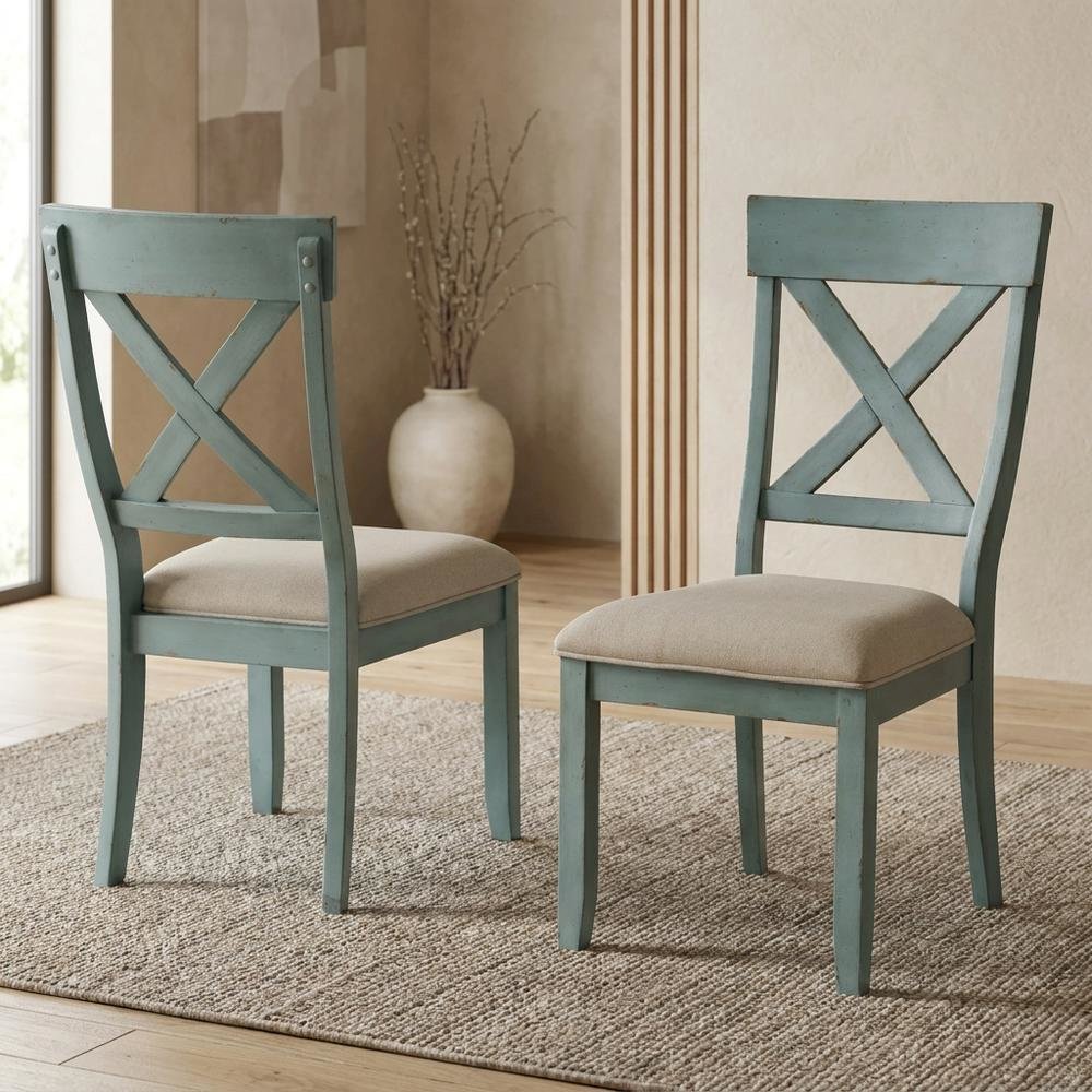 Wood Cross-Back Upholstered Dining Chairs, Blue, Set of 2. Picture 4