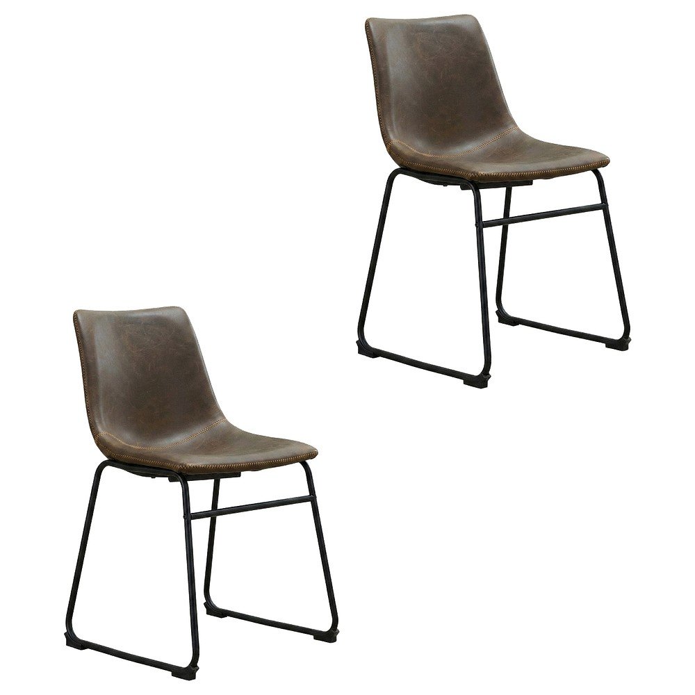 Vintage Faux Leather Upholstered Dining Chairs with Wood Legs, Brown, Set of 2. Picture 1