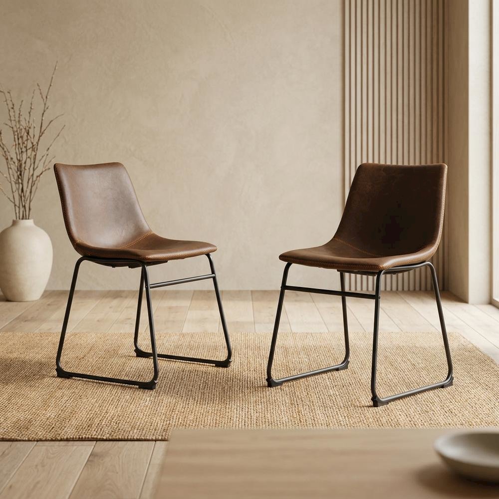 Vintage Faux Leather Upholstered Dining Chairs with Wood Legs, Brown, Set of 2. Picture 4