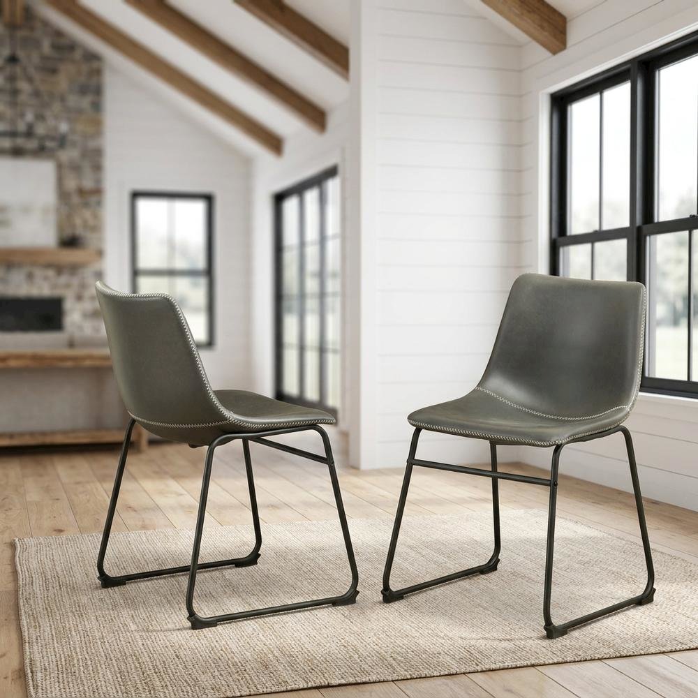 Vintage Faux Leather Upholstered Dining Chairs with Wood Legs, Grey, Set of 2. Picture 2