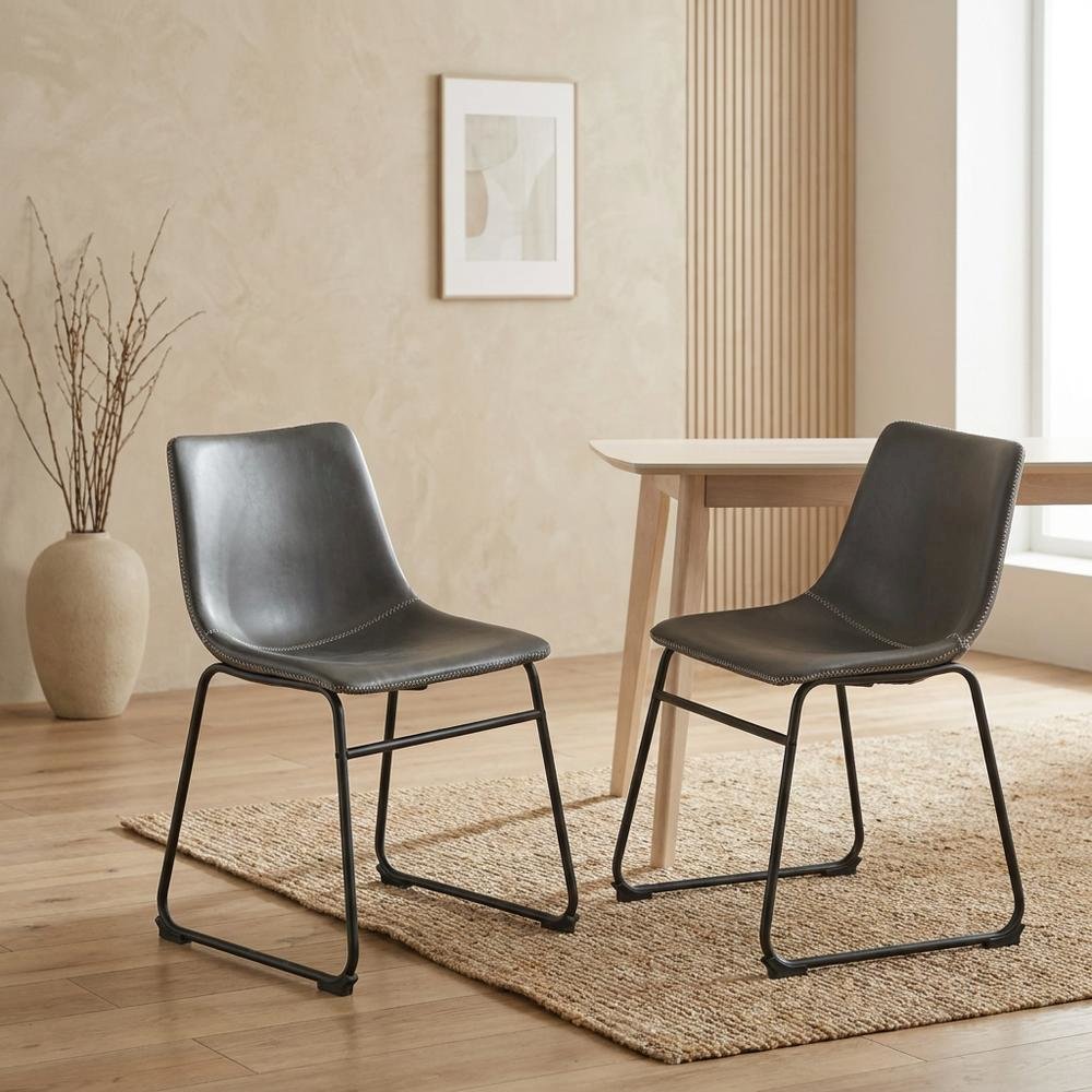 Vintage Faux Leather Upholstered Dining Chairs with Wood Legs, Grey, Set of 2. Picture 3