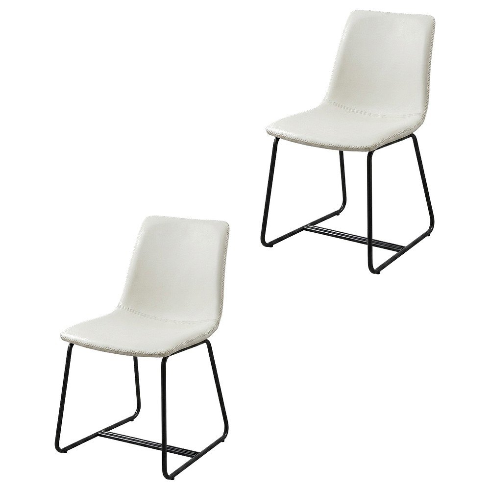 Vintage Faux Leather Upholstered Dining Chairs with Wood Legs, White, Set of 2. Picture 1