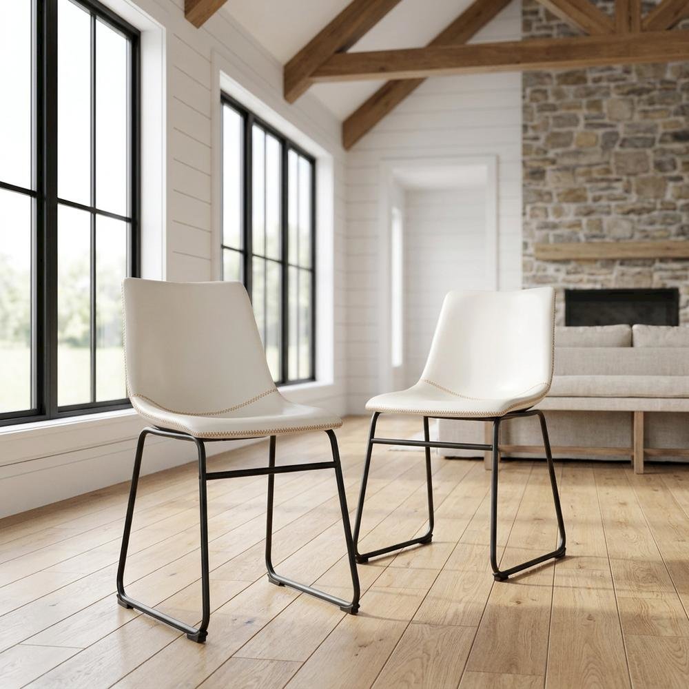 Vintage Faux Leather Upholstered Dining Chairs with Wood Legs, White, Set of 2. Picture 3