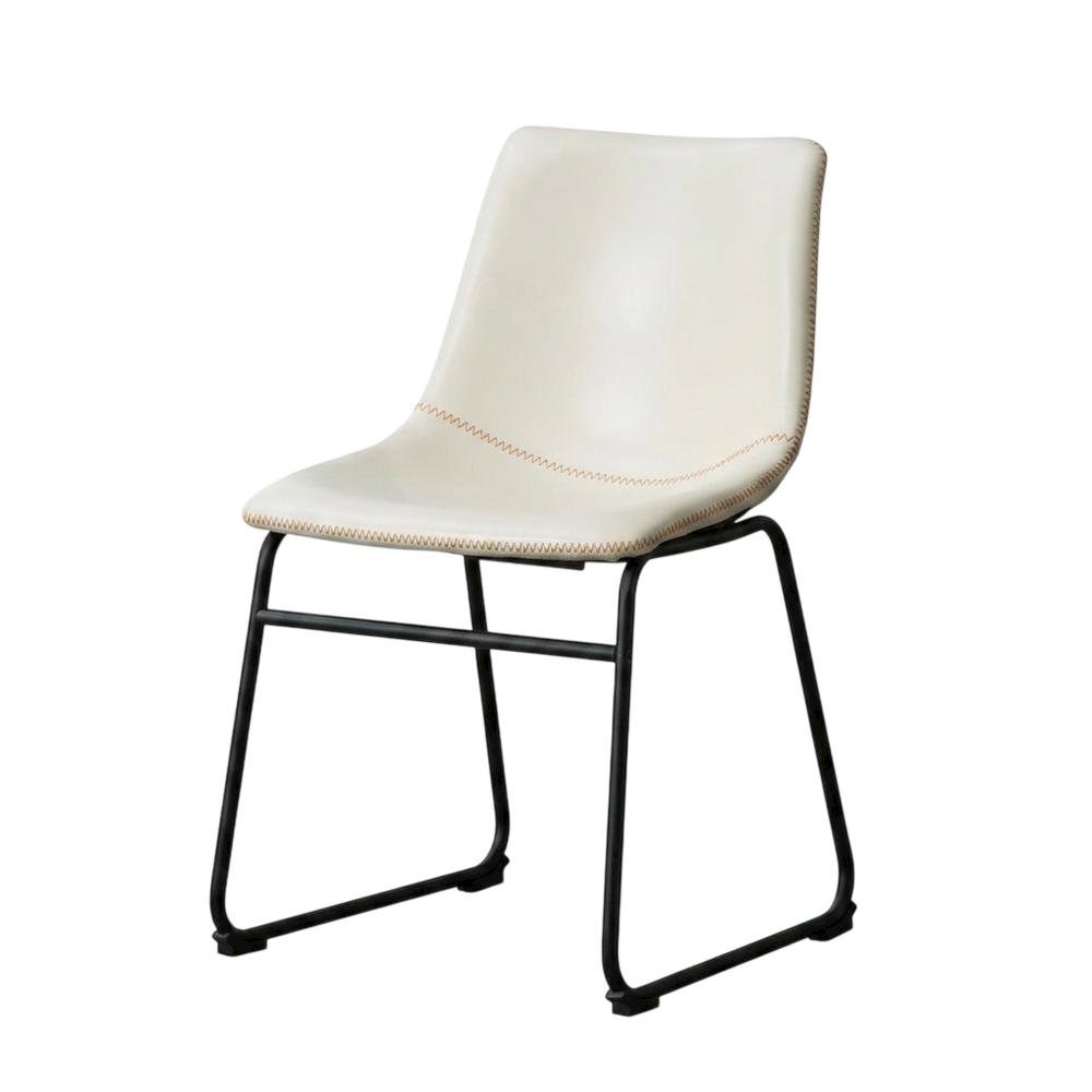 Vintage Faux Leather Upholstered Dining Chairs with Wood Legs, White, Set of 2. Picture 5