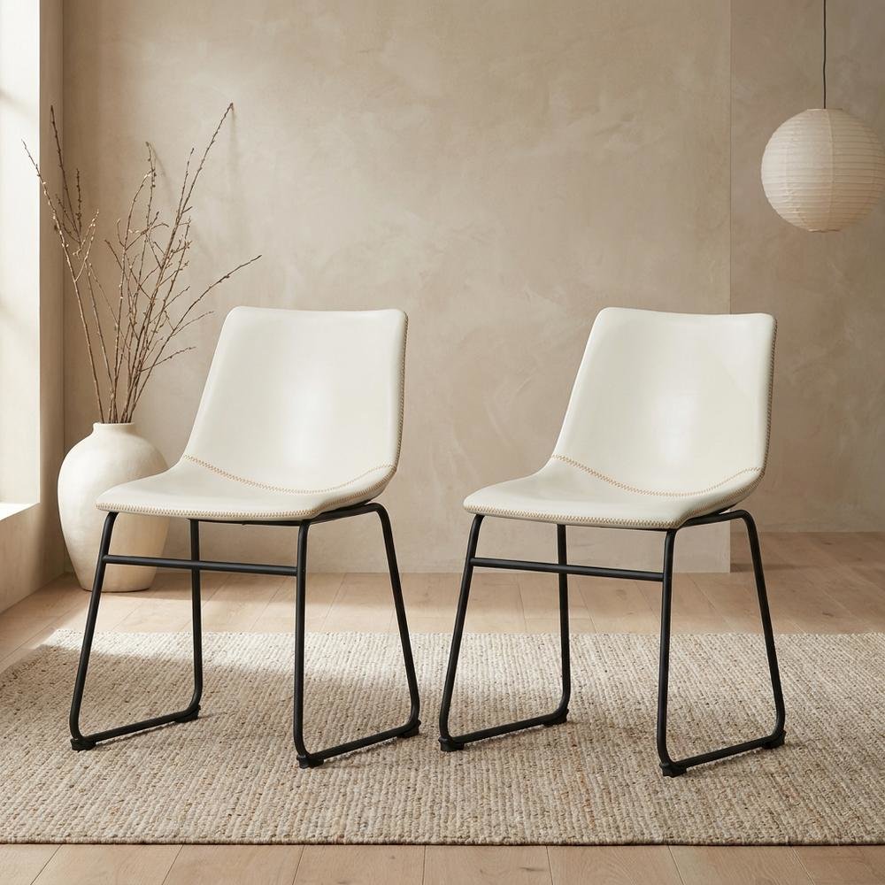 Vintage Faux Leather Upholstered Dining Chairs with Wood Legs, White, Set of 2. Picture 4