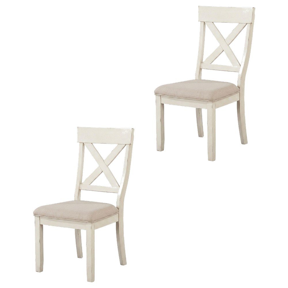 Wood Cross-Back Upholstered Dining Chairs, White, Set of 2. Picture 1