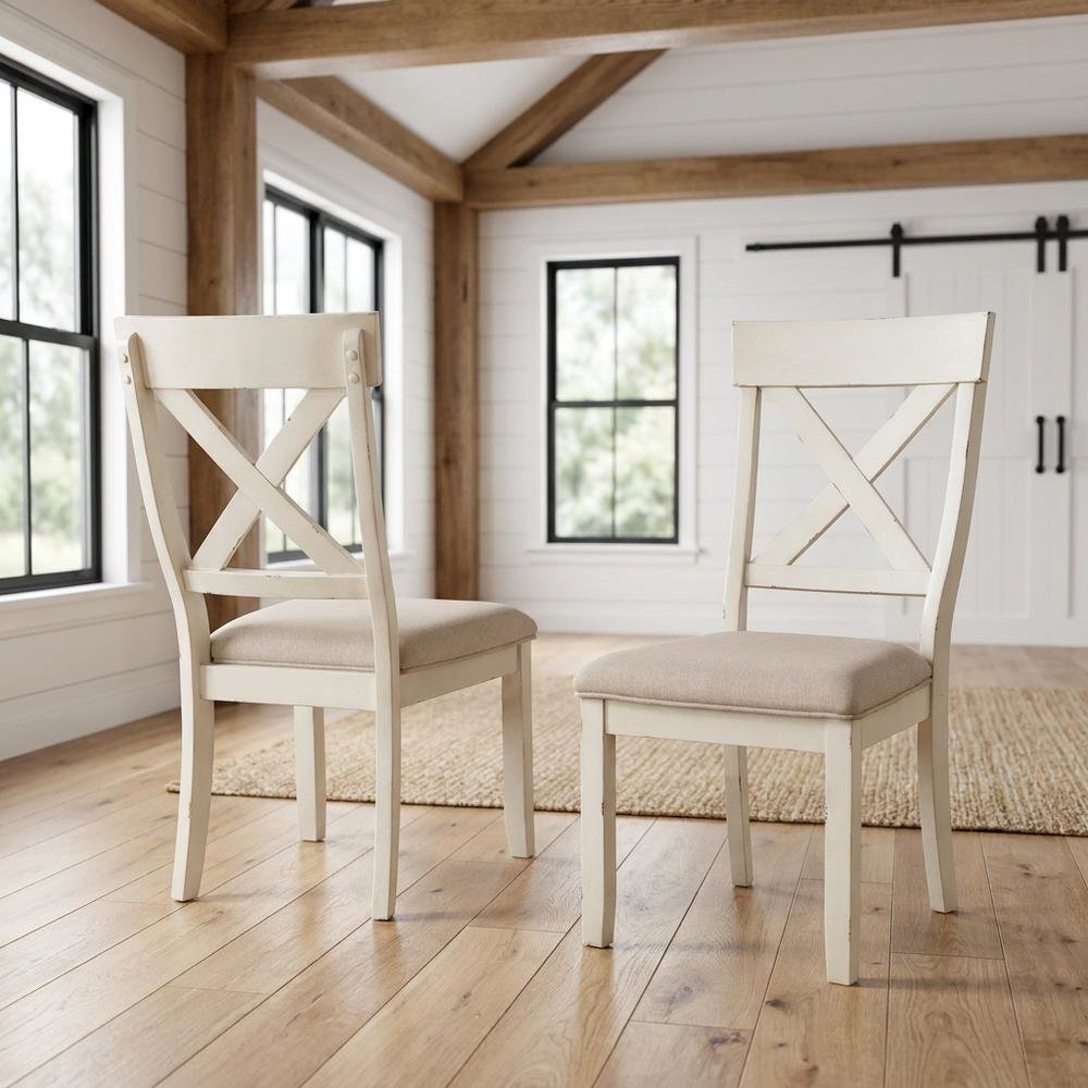 Wood Cross-Back Upholstered Dining Chairs, White, Set of 2. Picture 3