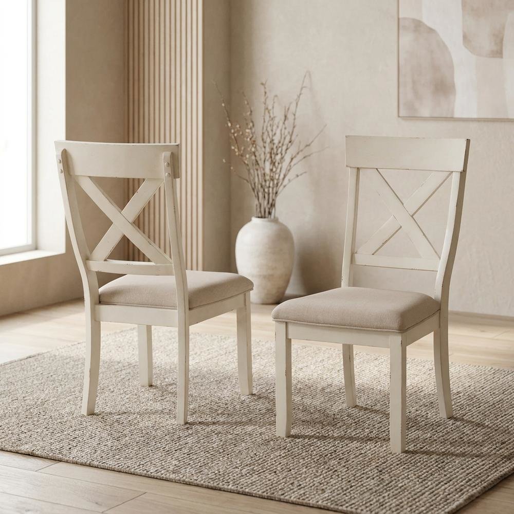 Wood Cross-Back Upholstered Dining Chairs, White, Set of 2. Picture 4