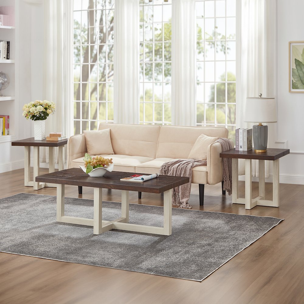 Luno 3-Piece Coffee Table Set, Coffee Table and Two End Tables, Walnut and White. Picture 2
