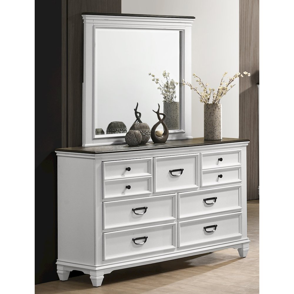 Clelane Wood 7-Drawer Dresser with Mirror, Weathered White and Gray. Picture 2