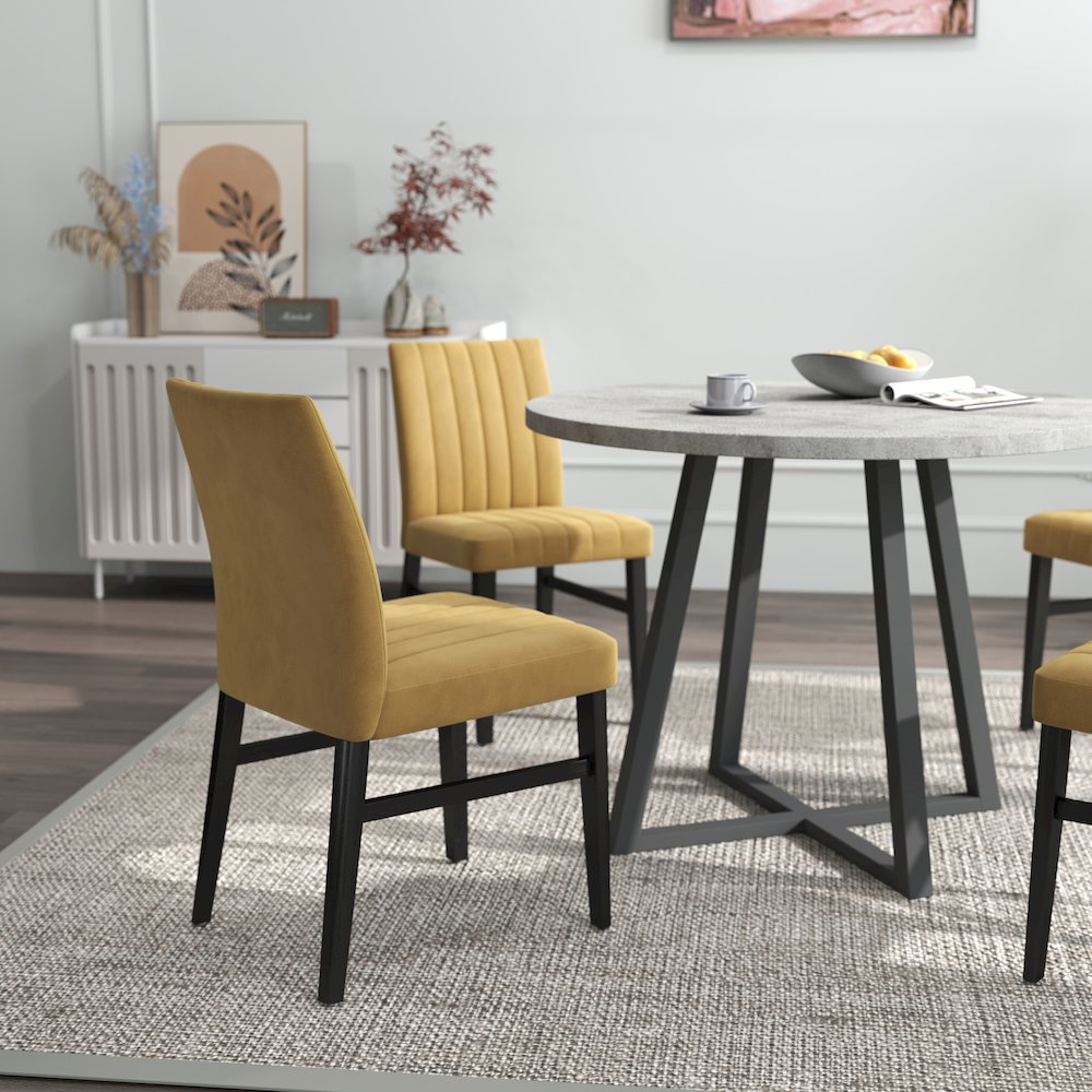 Edo 5-Piece Dining Set, Round Trestle Table and 4 Chairs, Gray and Yellow. Picture 8
