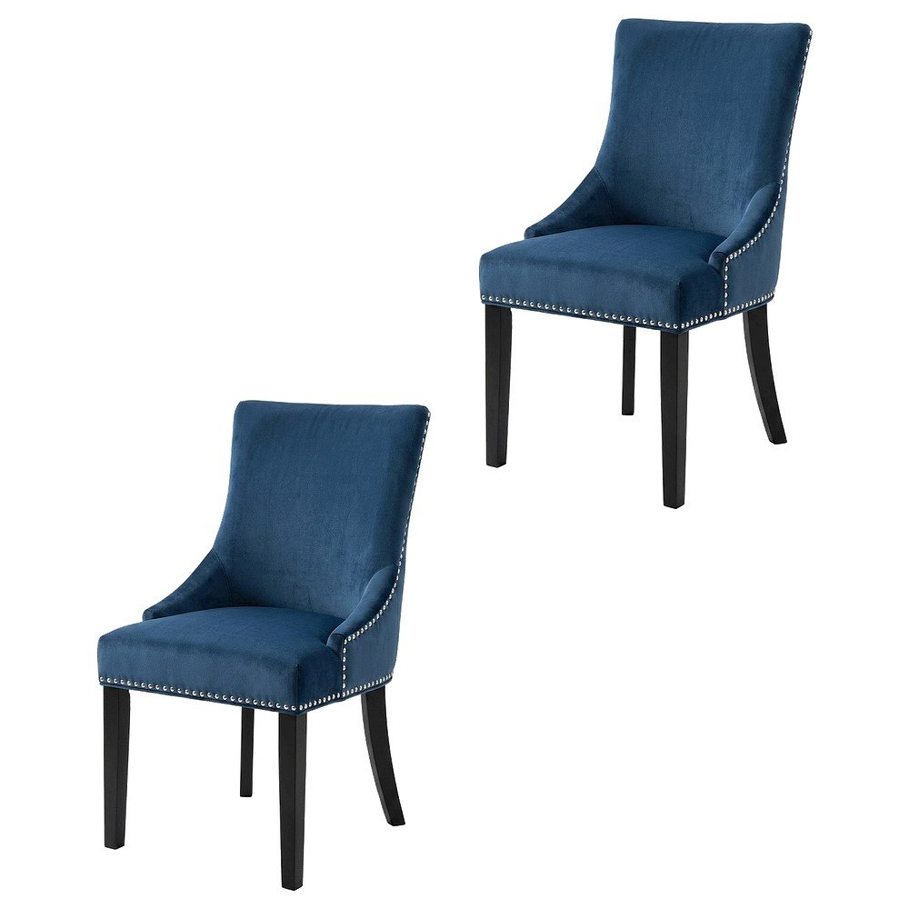 Velvet Dining Chairs with Nailhead Trim, Contemporary Style, Blue, Set of 2. Picture 1