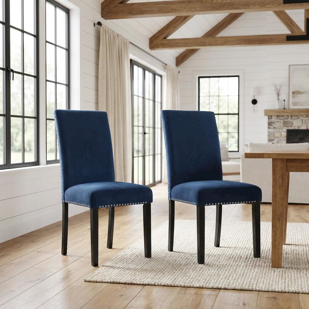 Velvet Dining Chairs with Nailhead Trim, Contemporary Style, Blue, Set of 2. Picture 3