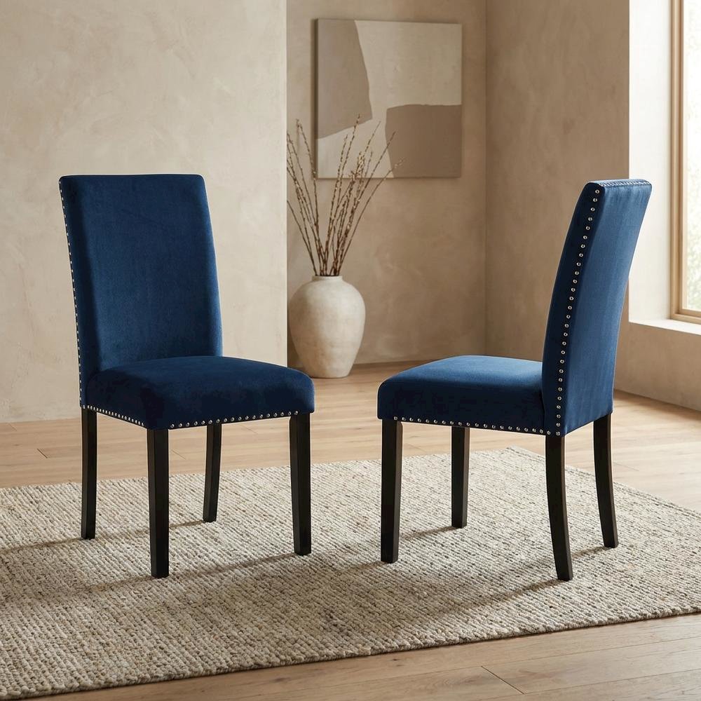 Velvet Dining Chairs with Nailhead Trim, Contemporary Style, Blue, Set of 2. Picture 4