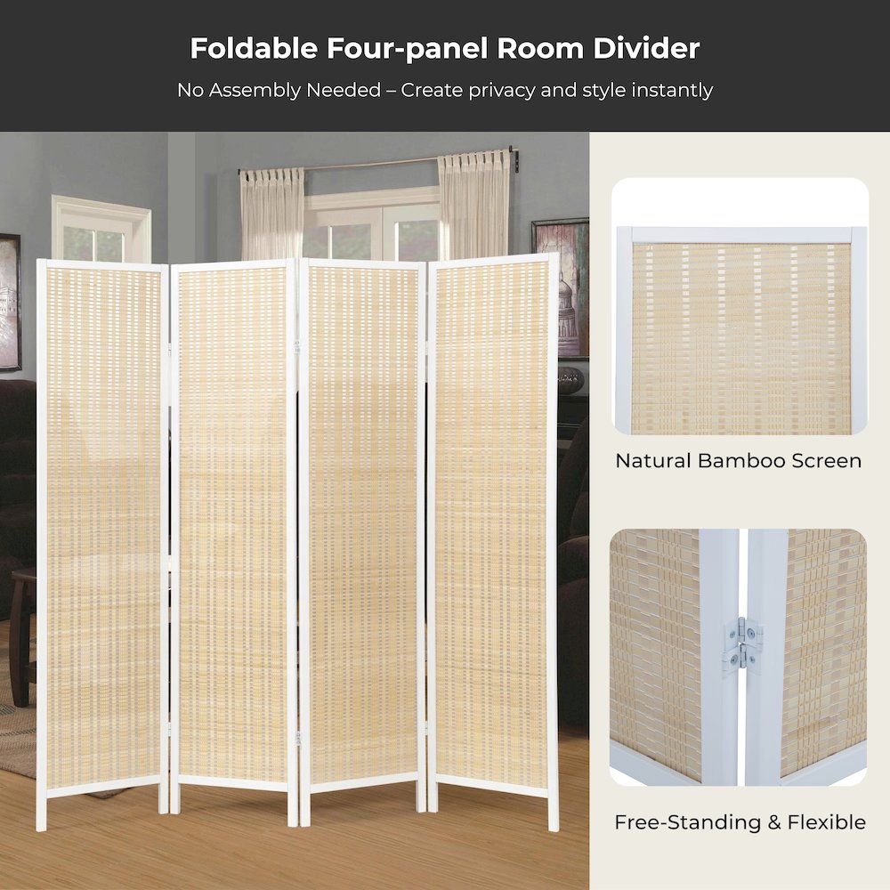 Inkwell 4-Panel Bamboo Room Divider, Folding Screen, Natural with White Frame. Picture 5