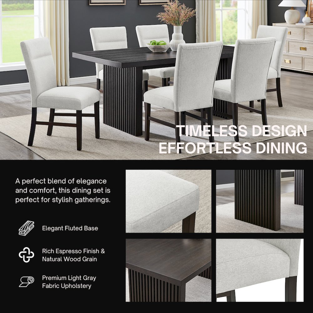Madison 7-Piece Dining Set, Slat-Fluted Dining Table with 6 Stylish Chairs, Gray. Picture 4
