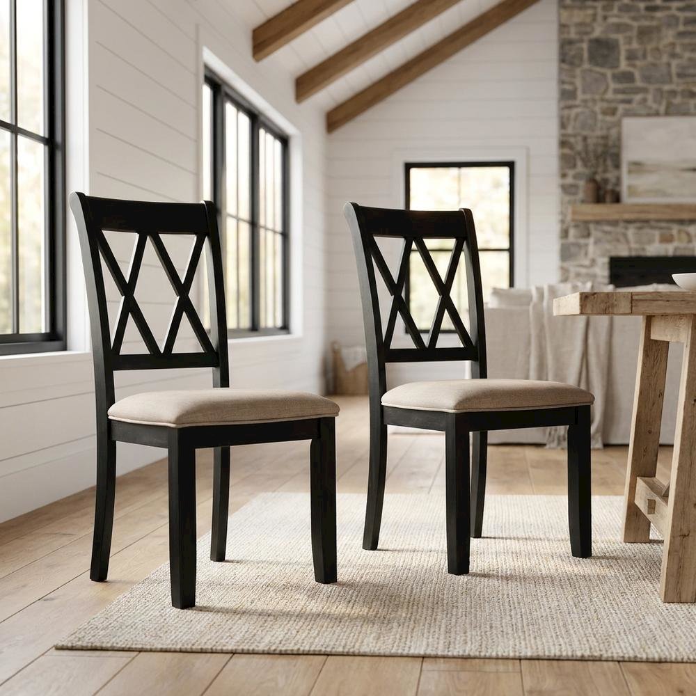 Fabric Upholstered Dining Chairs with Wood Legs, Black, Set of 2. Picture 2