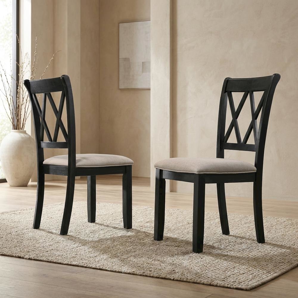 Fabric Upholstered Dining Chairs with Wood Legs, Black, Set of 2. Picture 3