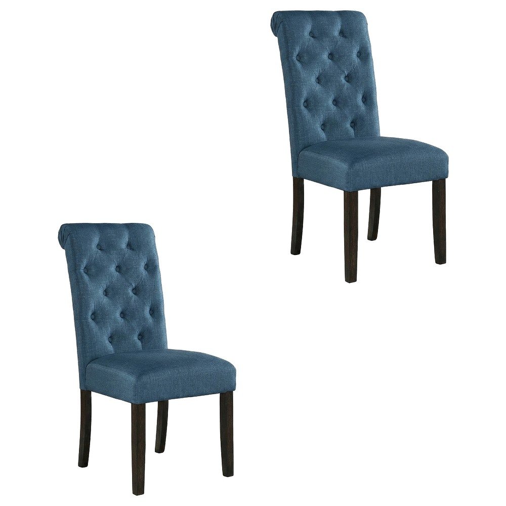 Solid Wood Upholstered Button-Tufted Parsons Dining Chairs, Blue, Set of 2. Picture 1