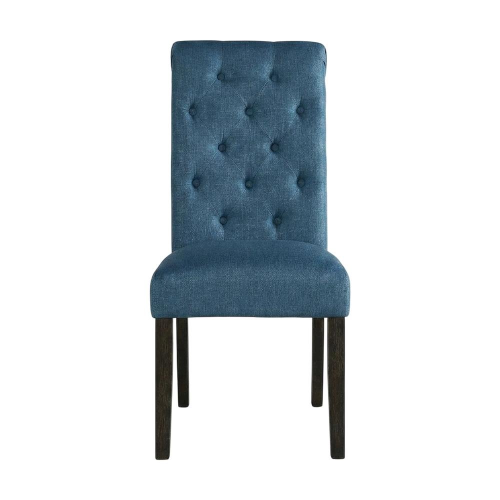 Solid Wood Upholstered Button-Tufted Parsons Dining Chairs, Blue, Set of 2. Picture 2