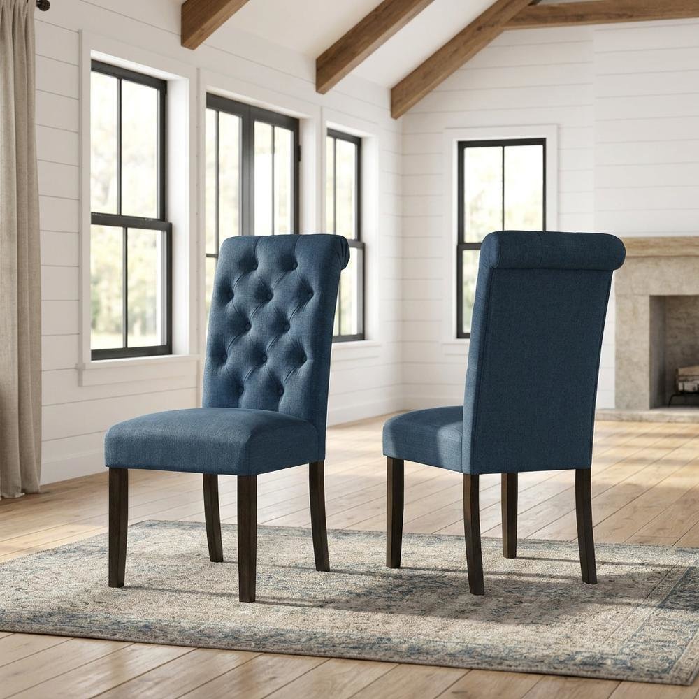 Solid Wood Upholstered Button-Tufted Parsons Dining Chairs, Blue, Set of 2. Picture 3