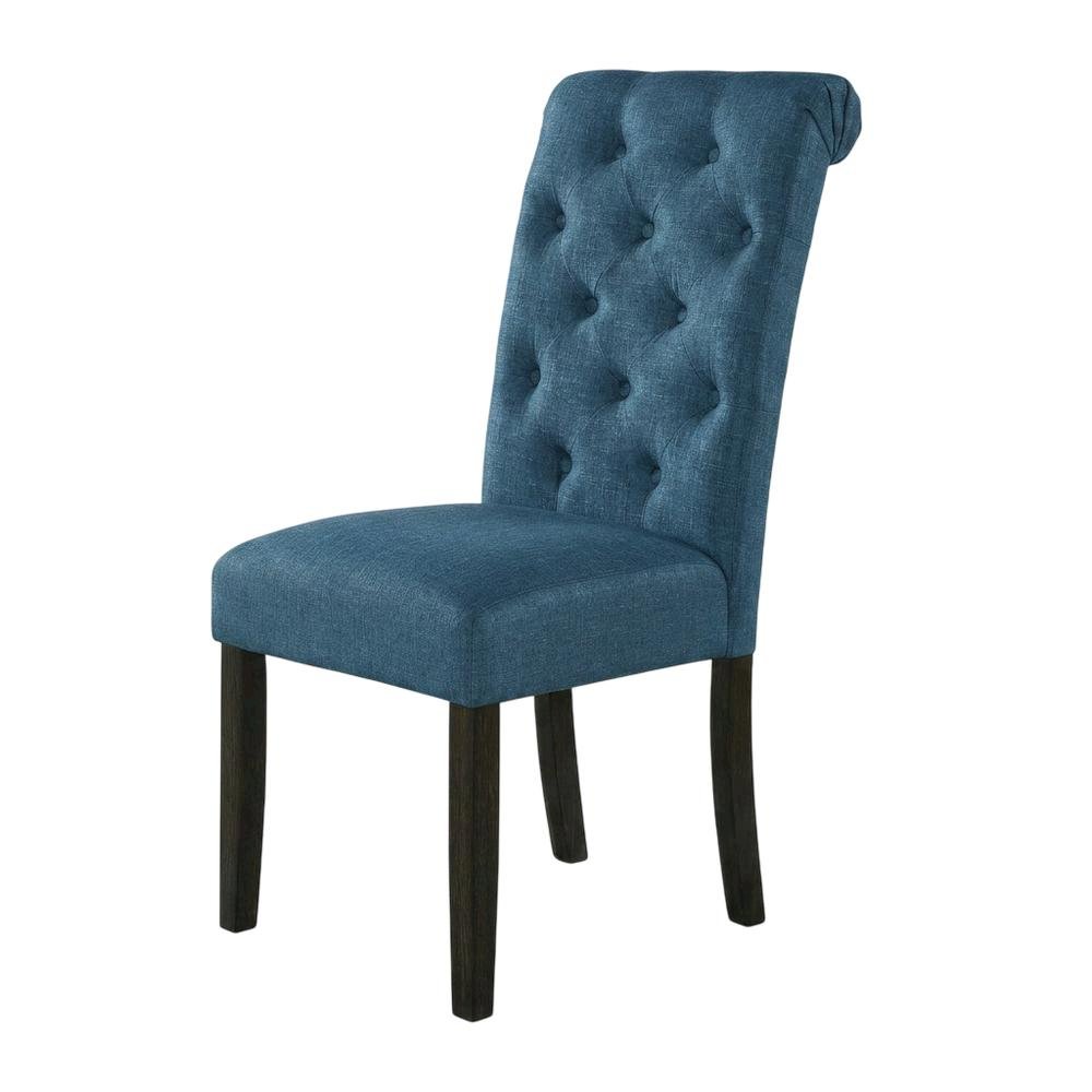 Solid Wood Upholstered Button-Tufted Parsons Dining Chairs, Blue, Set of 2. Picture 5