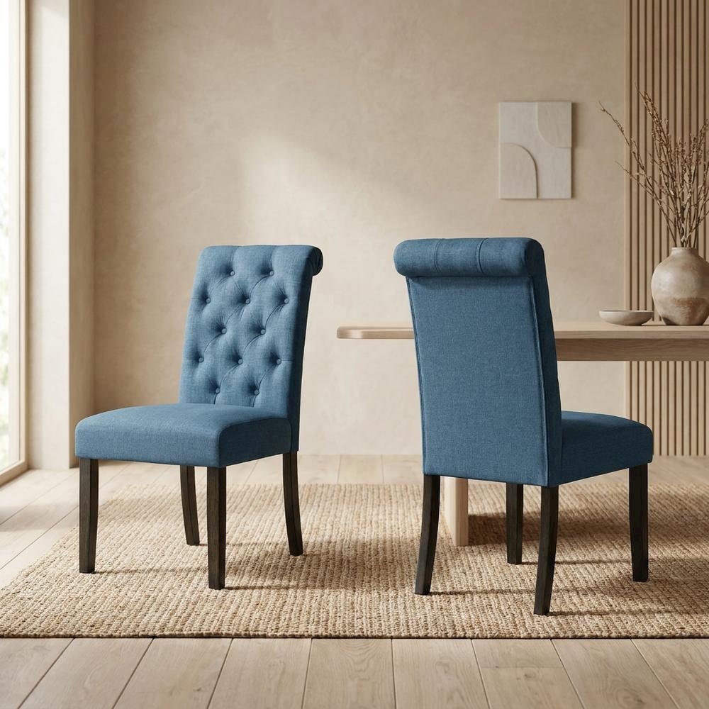 Solid Wood Upholstered Button-Tufted Parsons Dining Chairs, Blue, Set of 2. Picture 4
