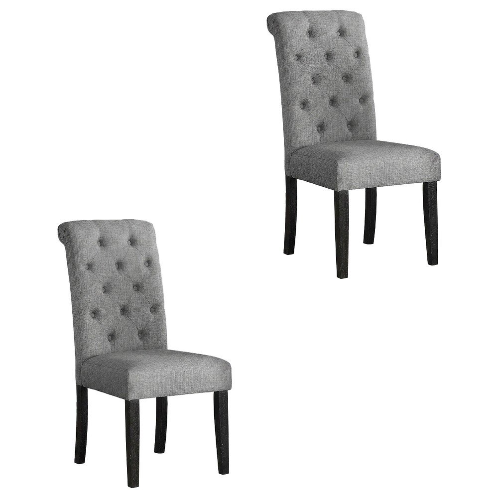 Solid Wood Upholstered Button-Tufted Parsons Dining Chairs, Grey, Set of 2. Picture 1
