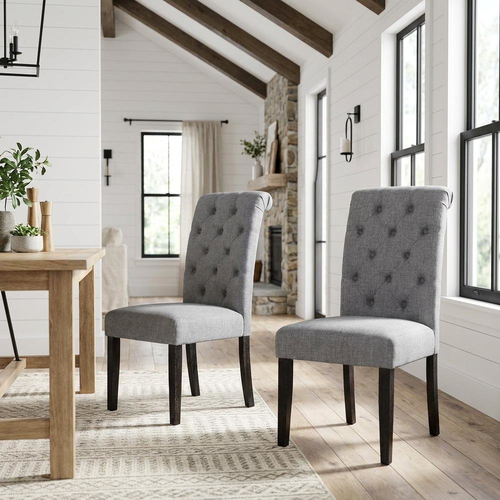 Solid Wood Upholstered Button-Tufted Parsons Dining Chairs, Grey, Set of 2. Picture 3