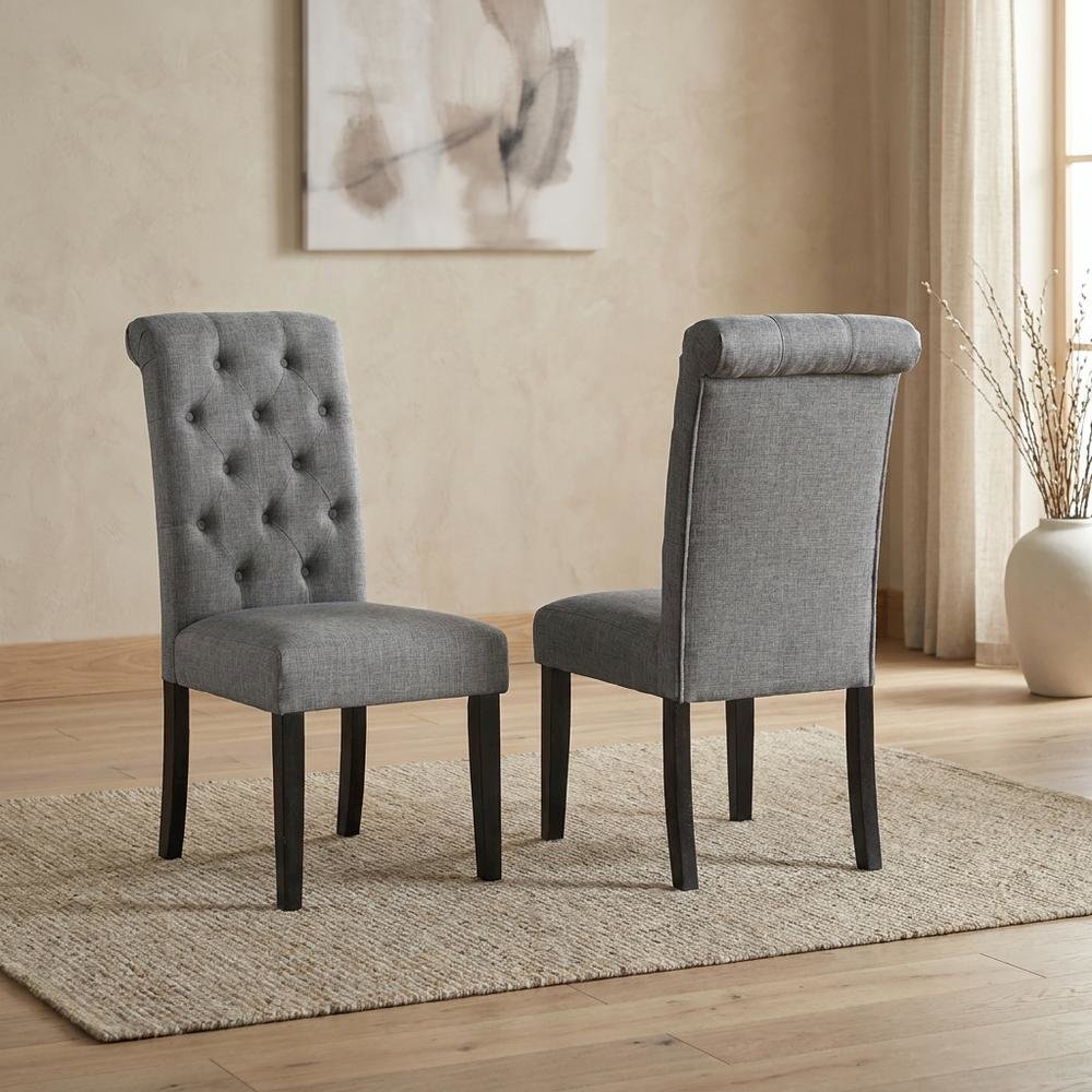 Solid Wood Upholstered Button-Tufted Parsons Dining Chairs, Grey, Set of 2. Picture 4